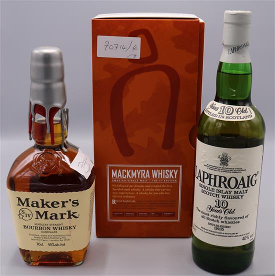 1 x Makmyra whisky, 1 x double dip Makers Mark bourbon whisky and 1 x Laphroaig 10 years old malt whisky(3)